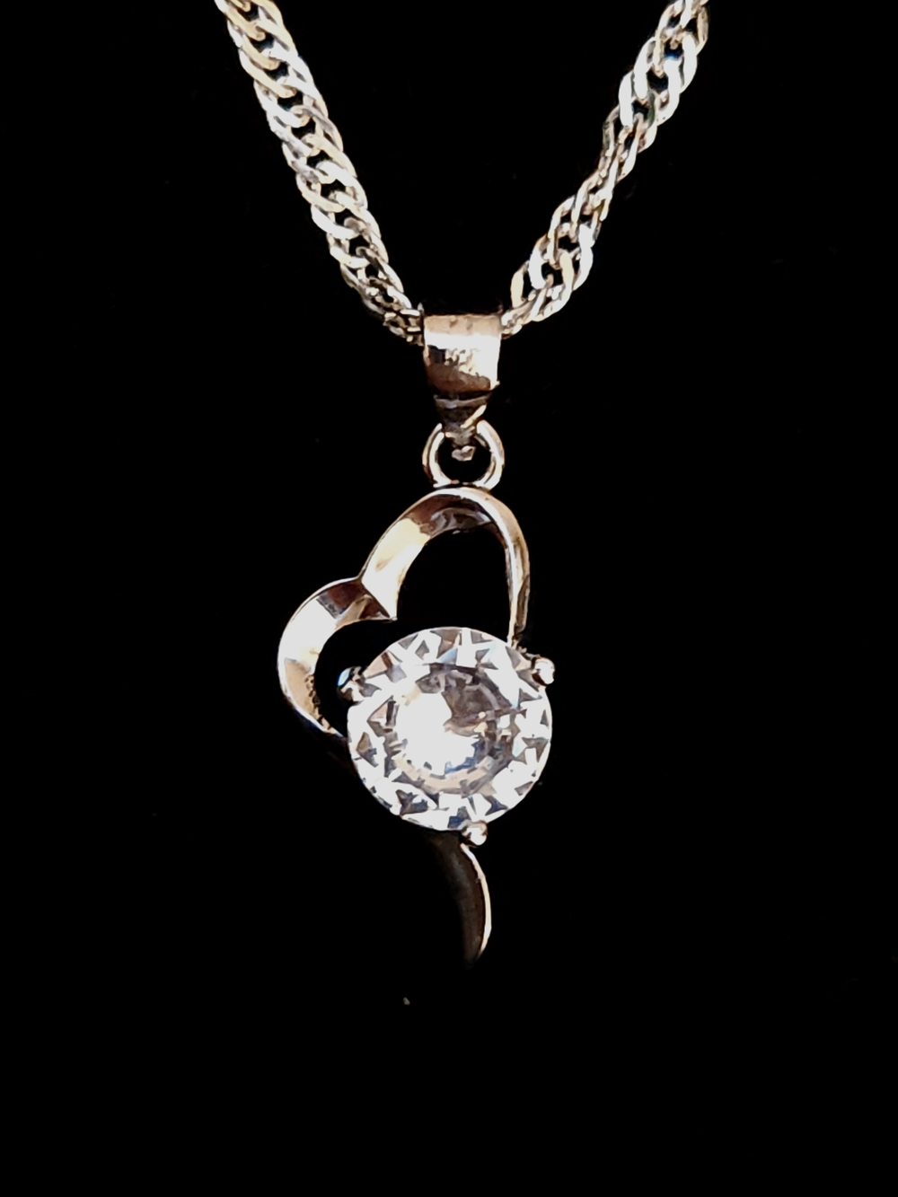 Sterling Silver Heart Pendant Necklace with Clear Crystal Stone